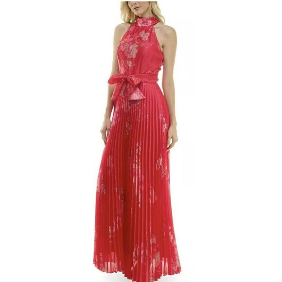 Taylor Red Pleated Halter Maxi Dress Size 2 NEW - Picture 2 of 9